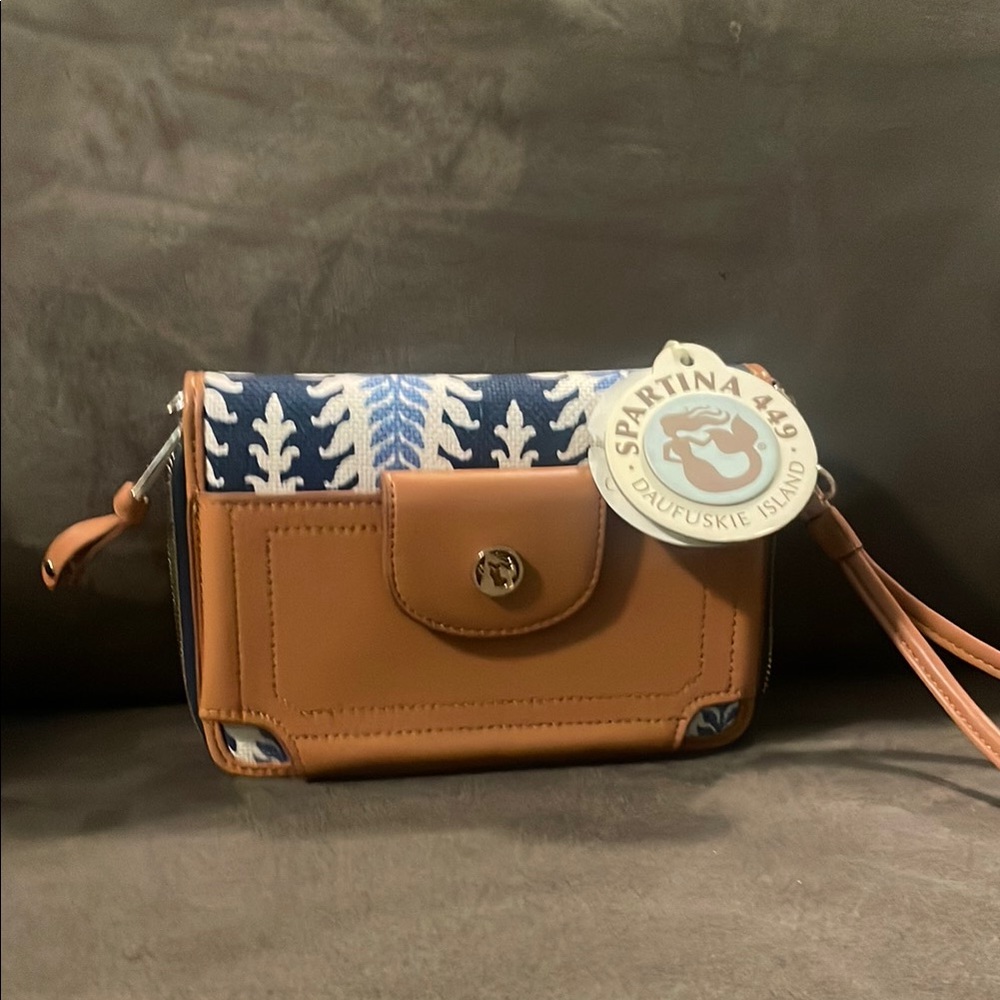 Spartina 449 Tan and Blue Clutch with Geometric Design